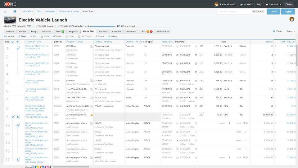screenshot of Bionic Media Planning Software
